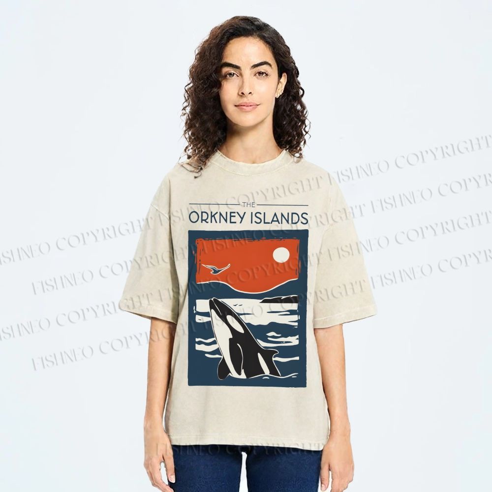 Unisex Vintage Sea Whale Printed Washed Tee