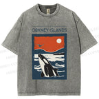 Unisex Vintage Sea Whale Printed Washed Tee