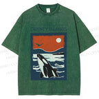 Unisex Vintage Sea Whale Printed Washed Tee
