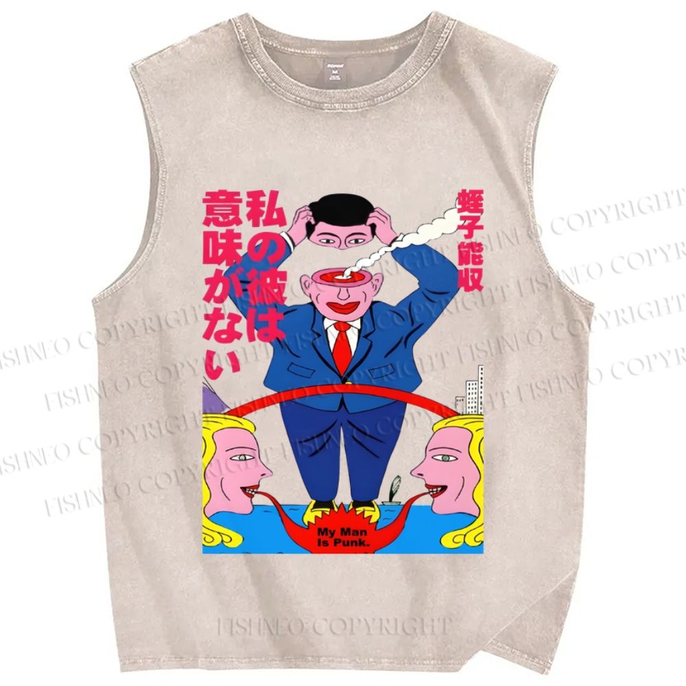 Unisex Vintage Japanese Graffiti Printed Washed Tank Top