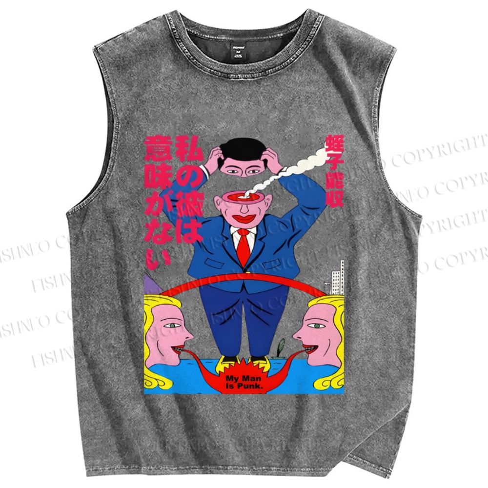 Unisex Vintage Japanese Graffiti Printed Washed Tank Top