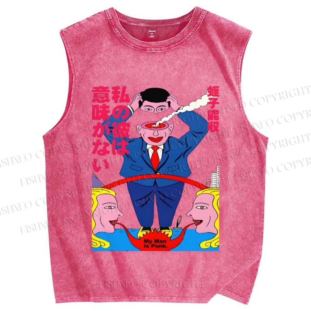 Unisex Vintage Japanese Graffiti Printed Washed Tank Top