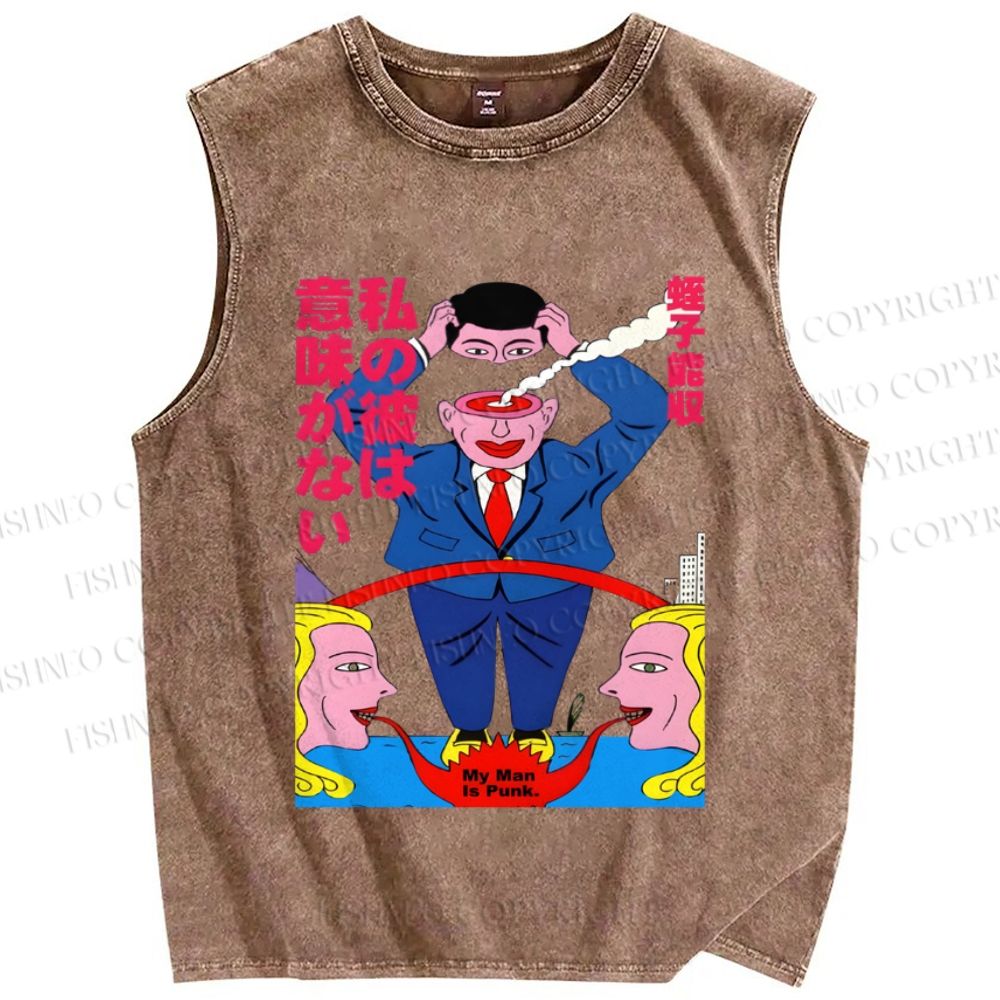 Unisex Vintage Japanese Graffiti Printed Washed Tank Top