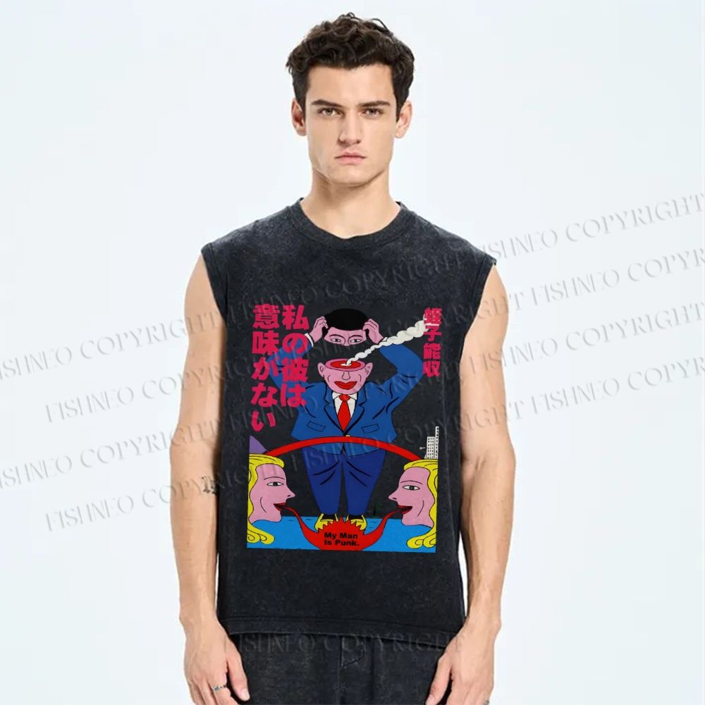 Unisex Vintage Japanese Graffiti Printed Washed Tank Top
