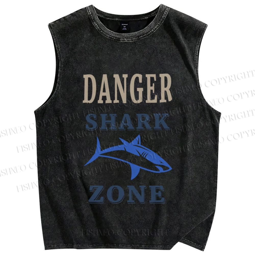 Unisex Vintage Danger Shark Zone Printed Washed Tank Top