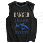 Unisex Vintage Danger Shark Zone Printed Washed Tank Top