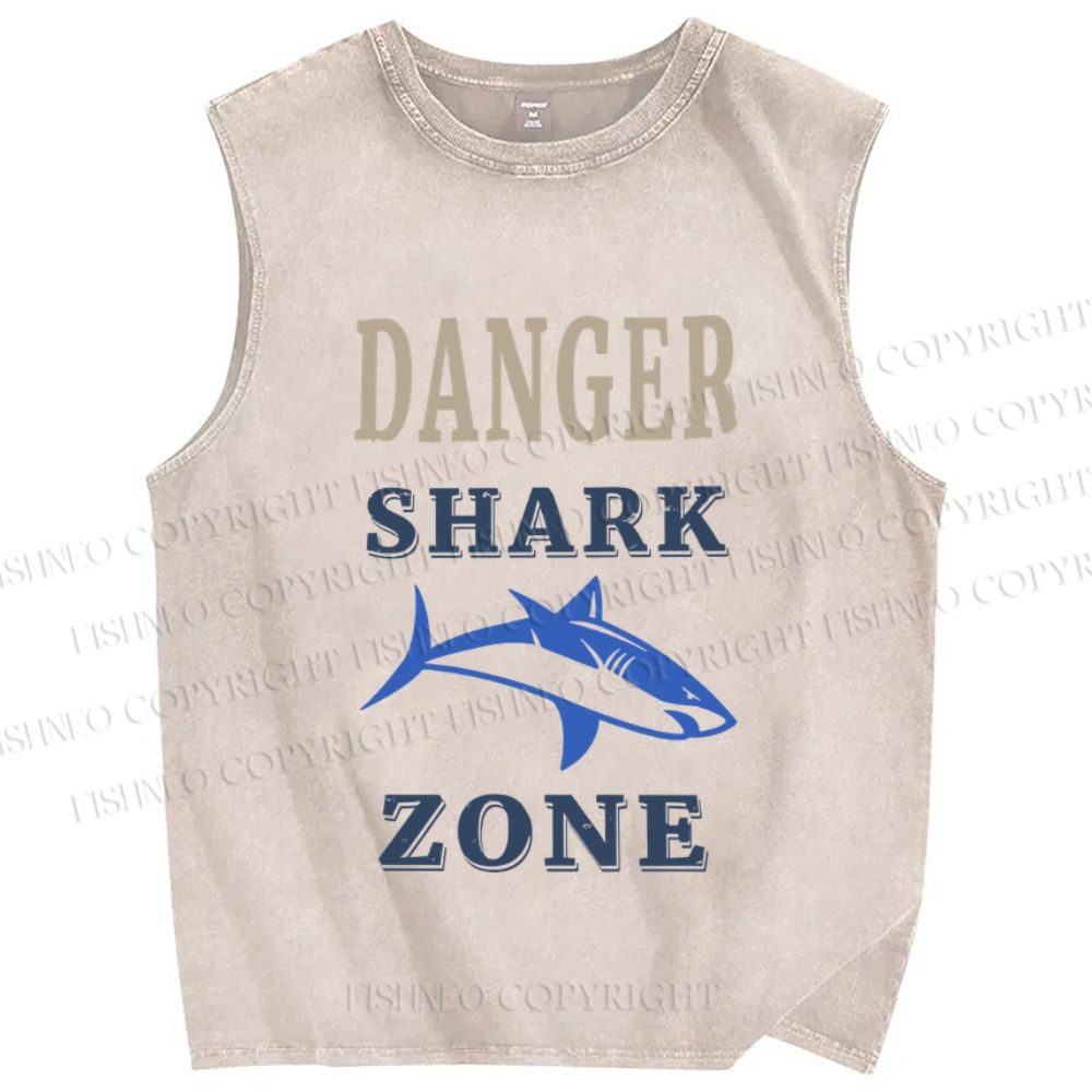 Unisex Vintage Danger Shark Zone Printed Washed Tank Top