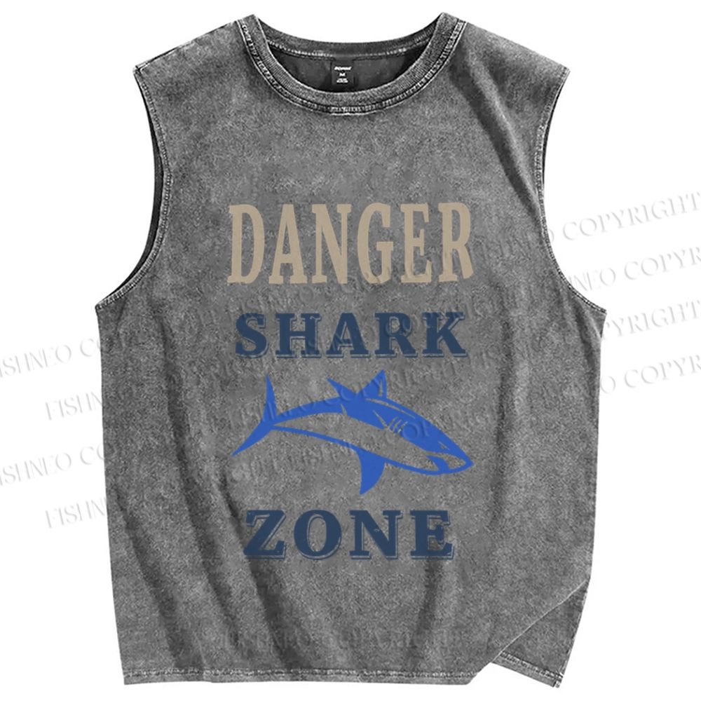 Unisex Vintage Danger Shark Zone Printed Washed Tank Top