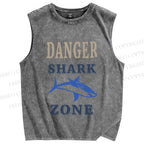 Unisex Vintage Danger Shark Zone Printed Washed Tank Top