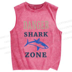 Unisex Vintage Danger Shark Zone Printed Washed Tank Top