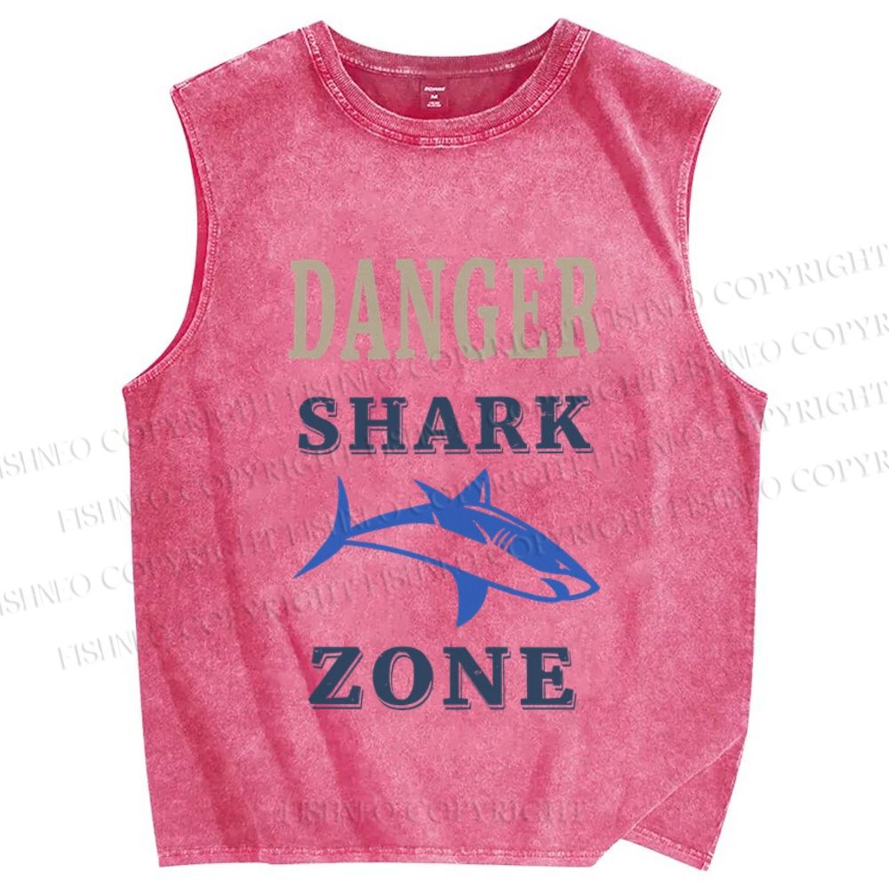 Unisex Vintage Danger Shark Zone Printed Washed Tank Top