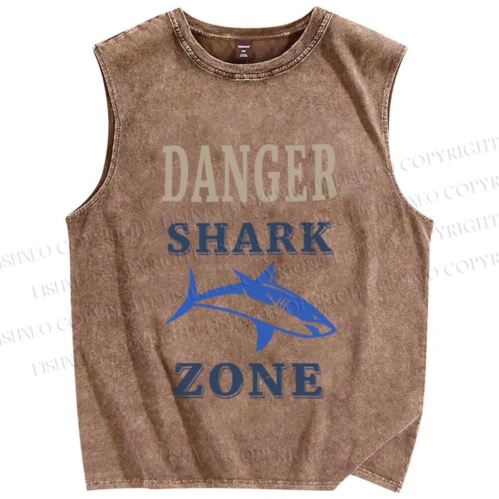 Unisex Vintage Danger Shark Zone Printed Washed Tank Top