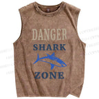 Unisex Vintage Danger Shark Zone Printed Washed Tank Top