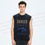Unisex Vintage Danger Shark Zone Printed Washed Tank Top