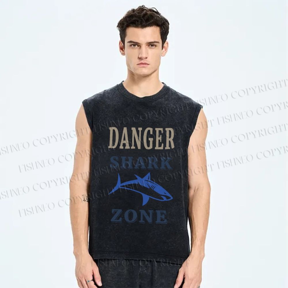 Unisex Vintage Danger Shark Zone Printed Washed Tank Top