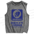 Unisex Japanese Warning Sign Printed Washed Tank Top