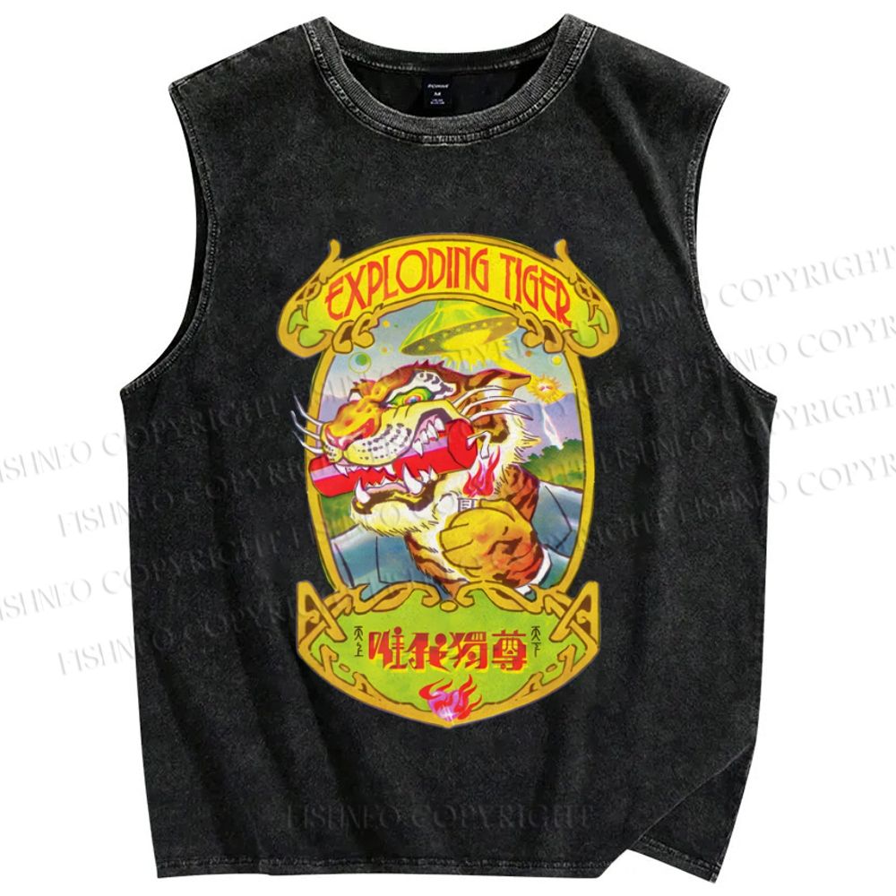 Unisex Vintage Tiger Graffiti Printed Washed Tank Top