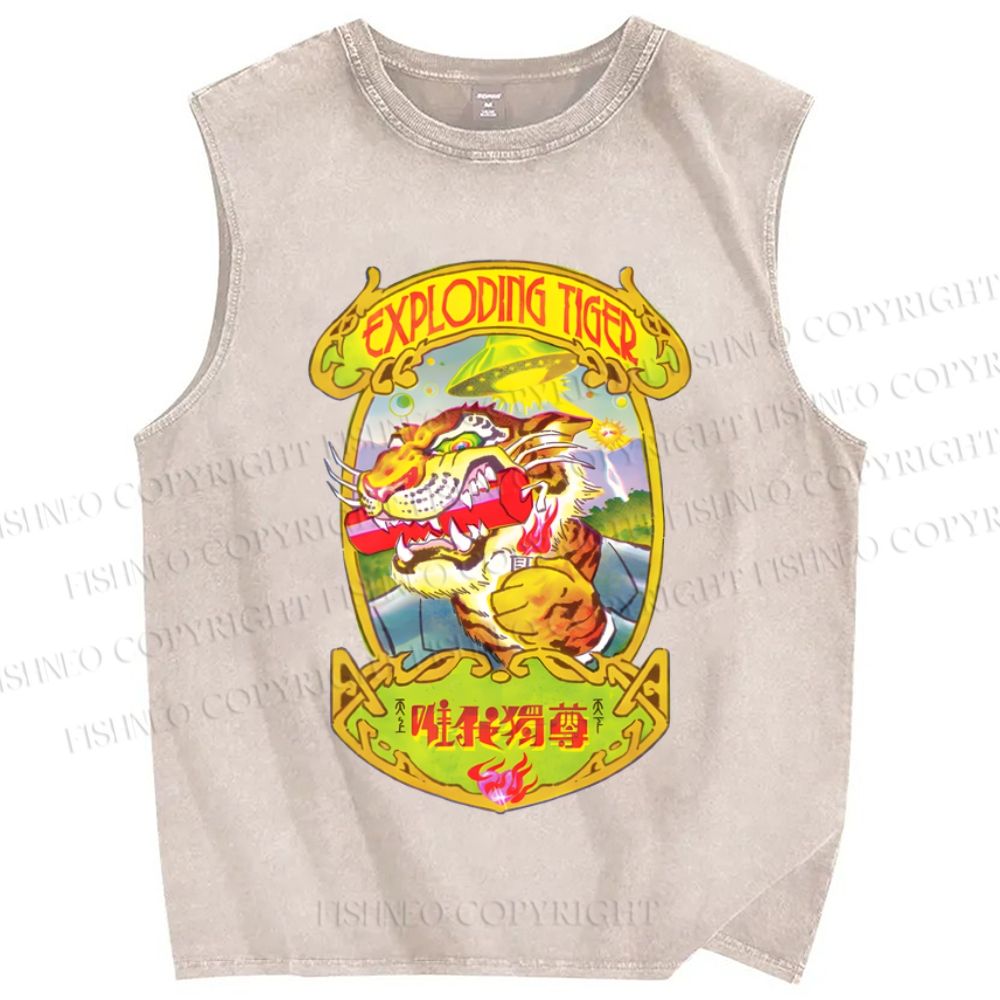 Unisex Vintage Tiger Graffiti Printed Washed Tank Top