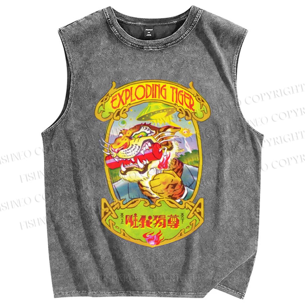 Unisex Vintage Tiger Graffiti Printed Washed Tank Top