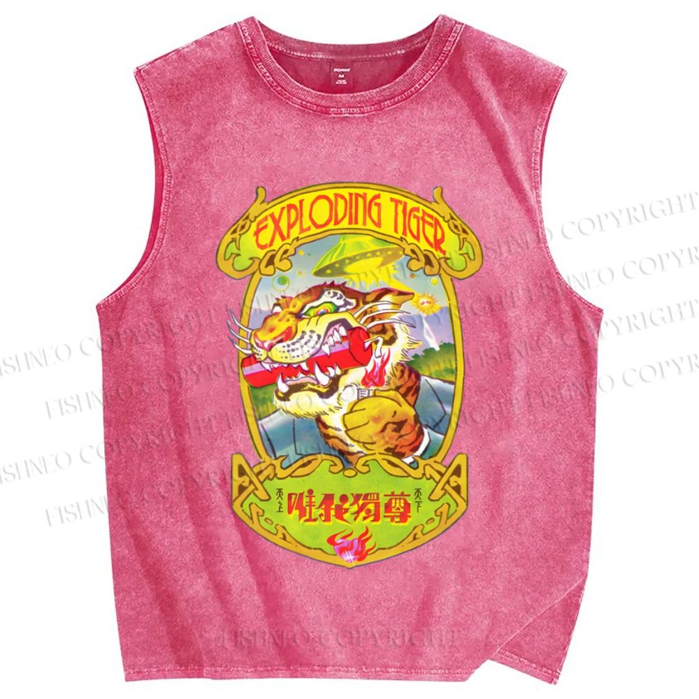 Unisex Vintage Tiger Graffiti Printed Washed Tank Top