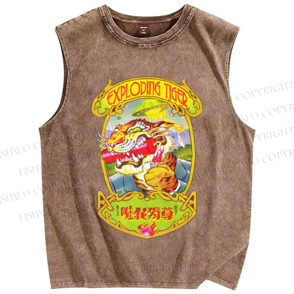 Unisex Vintage Tiger Graffiti Printed Washed Tank Top