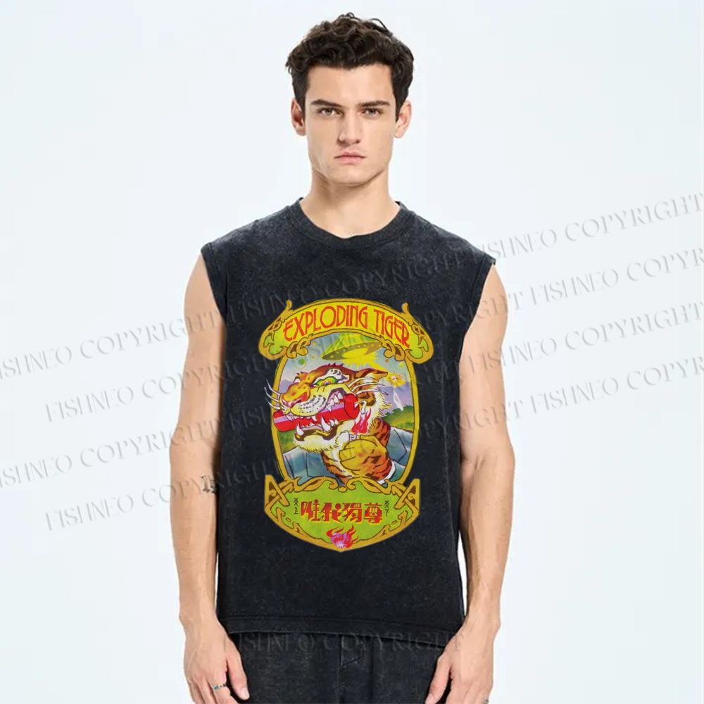 Unisex Vintage Tiger Graffiti Printed Washed Tank Top