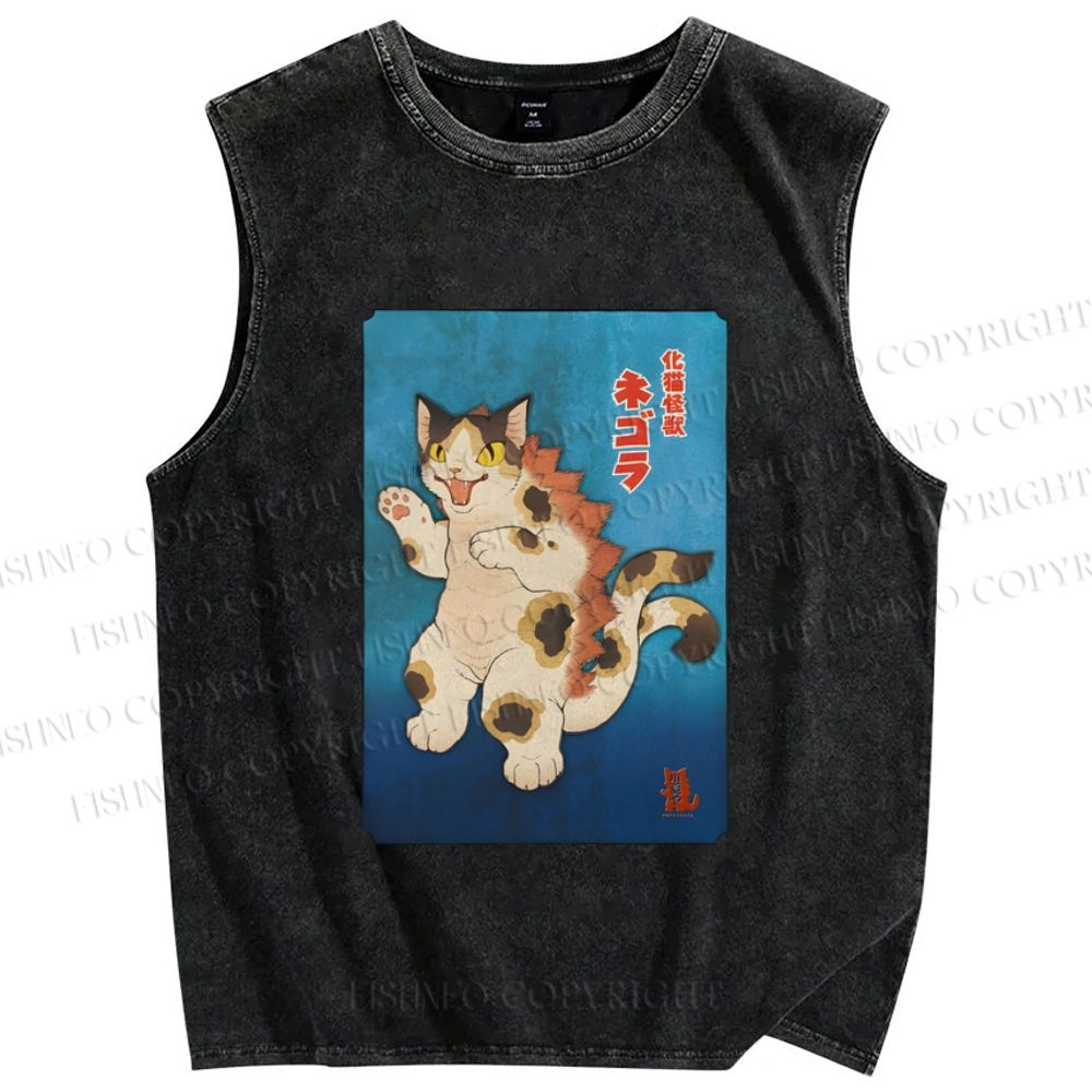 Unisex Funny Cat Printed Washed Tank Top