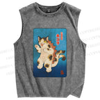 Unisex Funny Cat Printed Washed Tank Top
