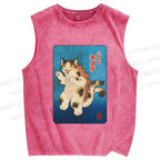 Unisex Funny Cat Printed Washed Tank Top