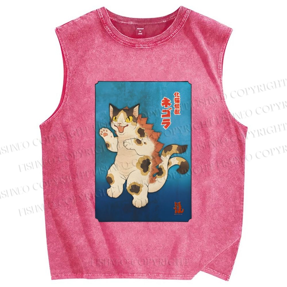Unisex Funny Cat Printed Washed Tank Top