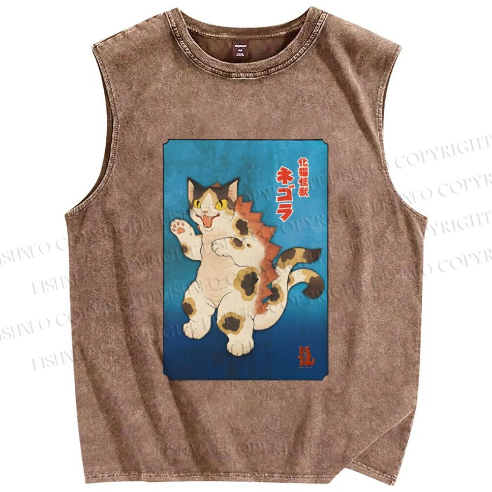 Unisex Funny Cat Printed Washed Tank Top