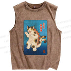 Unisex Funny Cat Printed Washed Tank Top