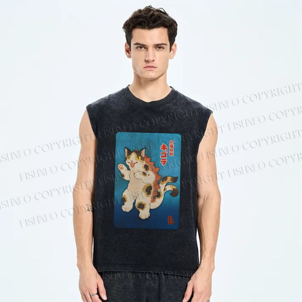 Unisex Funny Cat Printed Washed Tank Top
