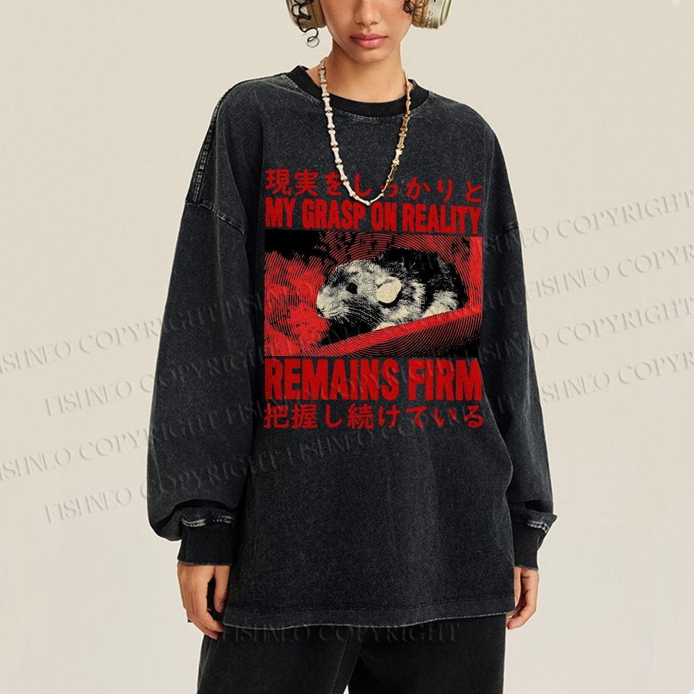 Unisex Casual Washed Grasp on Reality Rat Printed Long Sleeve