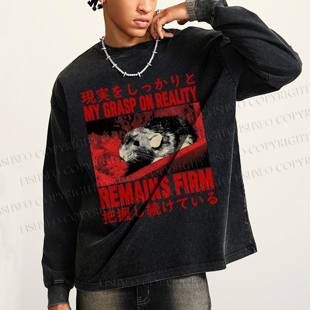 Unisex Casual Washed Grasp on Reality Rat Printed Long Sleeve