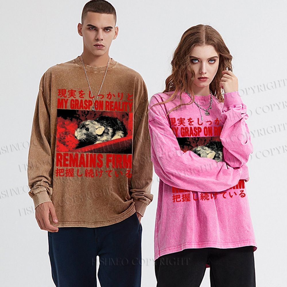 Unisex Casual Washed Grasp on Reality Rat Printed Long Sleeve