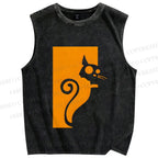 Unisex Cat Printed Washed Tank Top