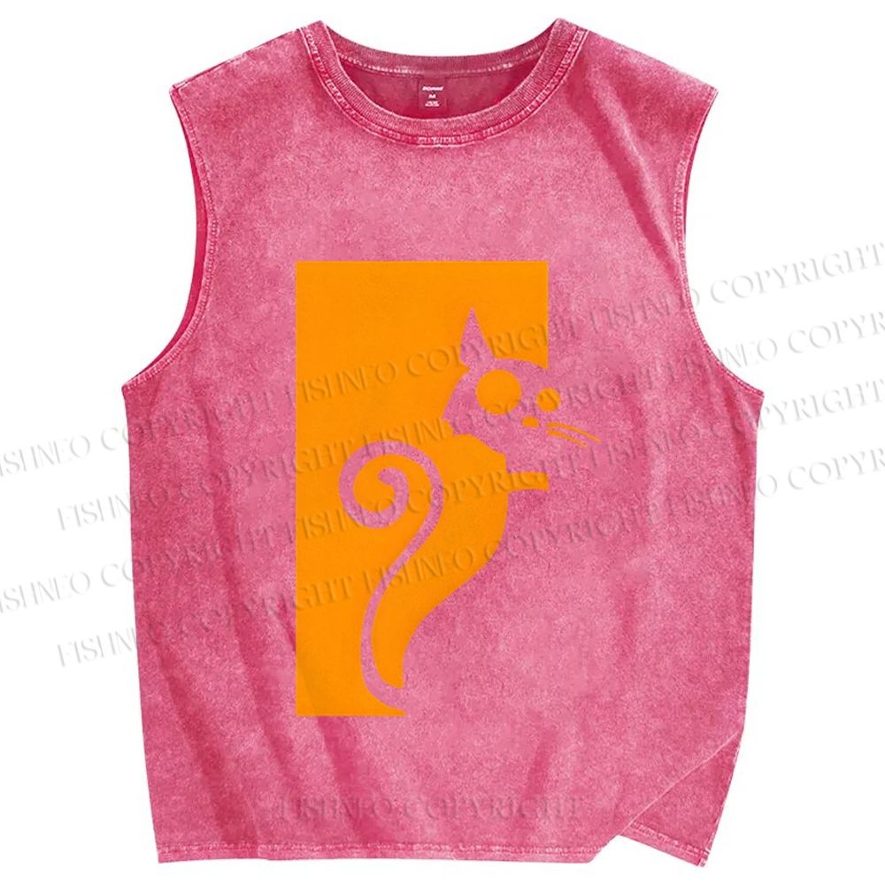 Unisex Cat Printed Washed Tank Top