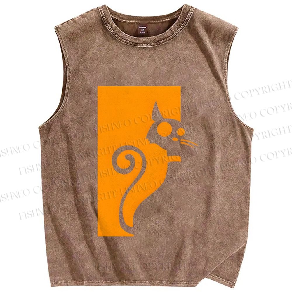 Unisex Cat Printed Washed Tank Top