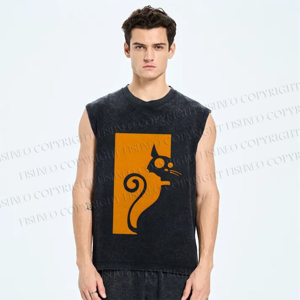Unisex Cat Printed Washed Tank Top