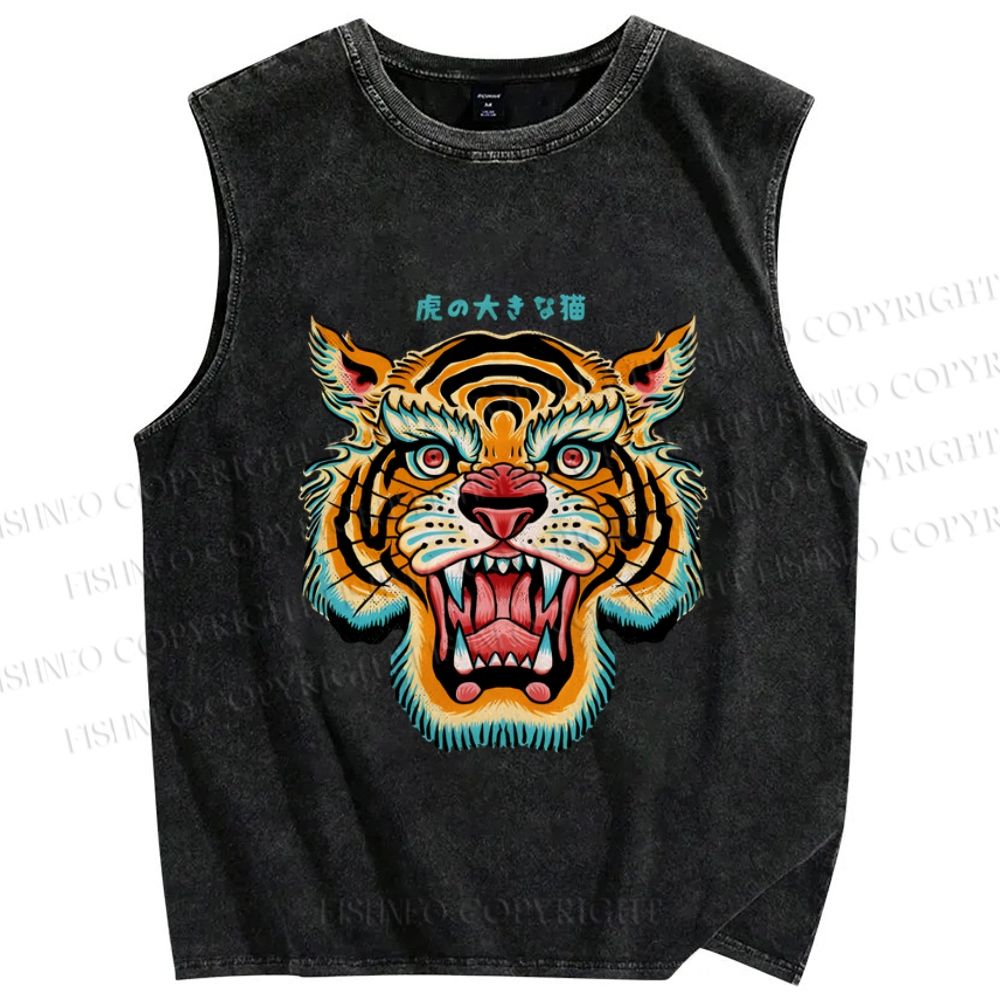 Unisex Tiger Printed Washed Tank Top