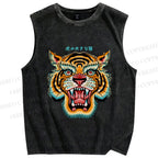 Unisex Tiger Printed Washed Tank Top