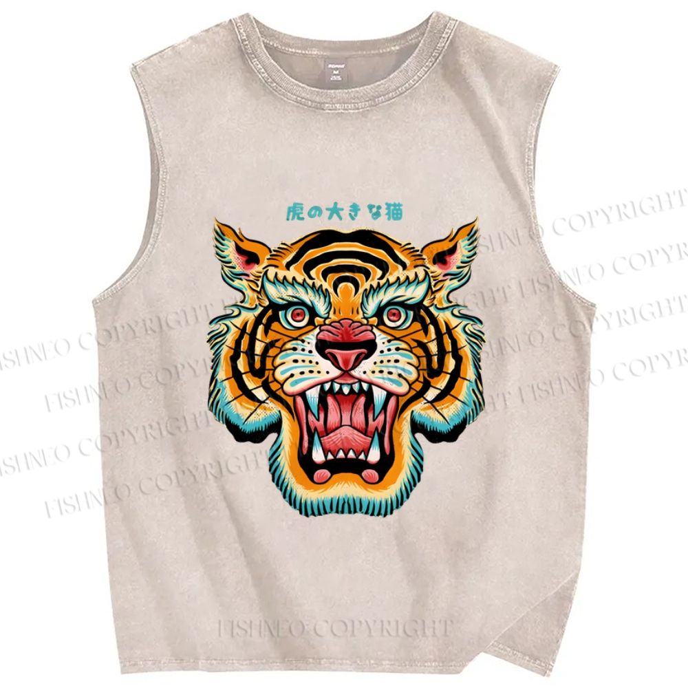 Unisex Tiger Printed Washed Tank Top