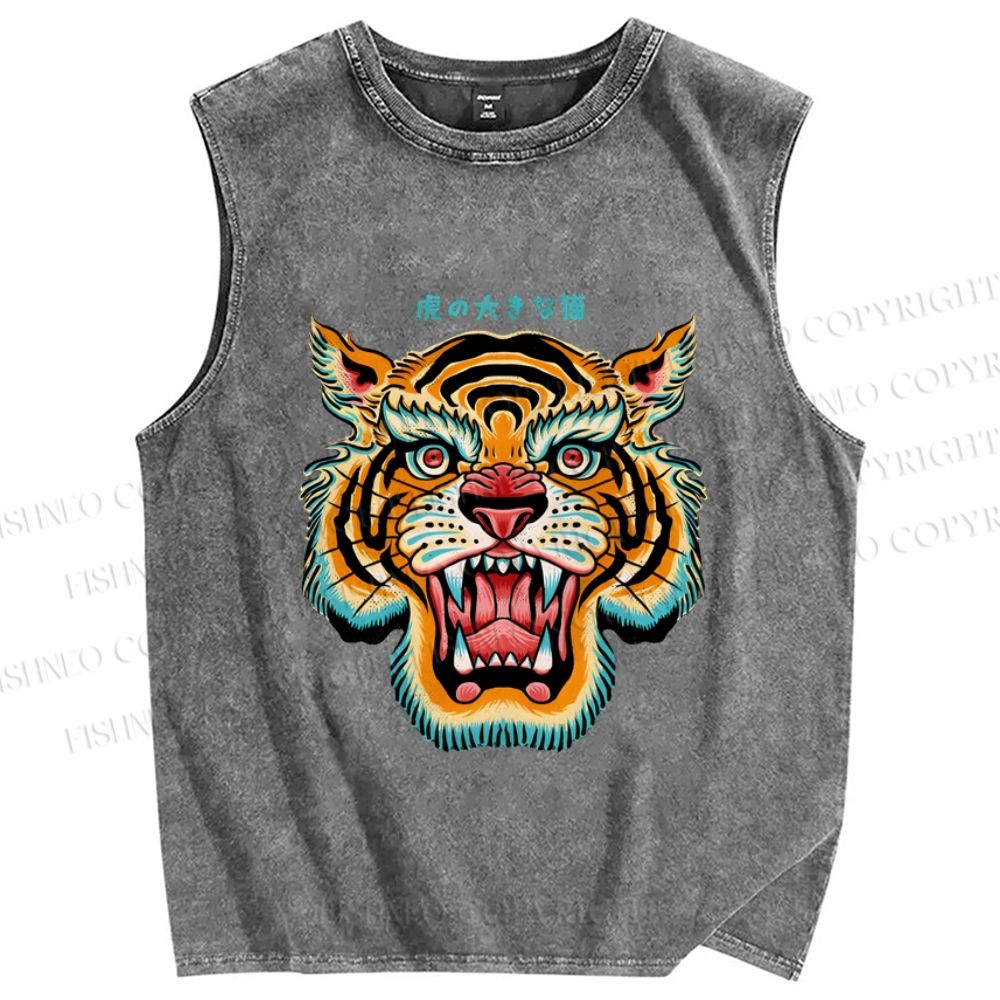 Unisex Tiger Printed Washed Tank Top