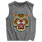 Unisex Tiger Printed Washed Tank Top