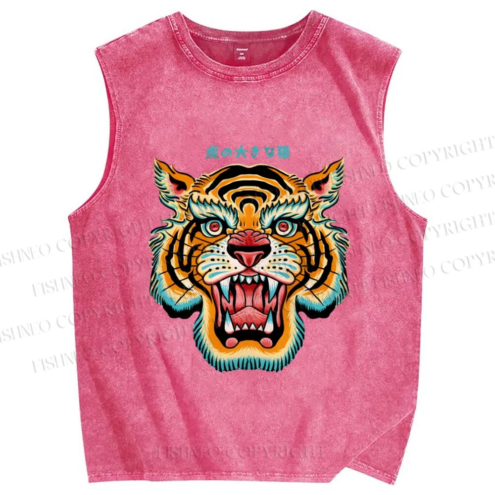Unisex Tiger Printed Washed Tank Top