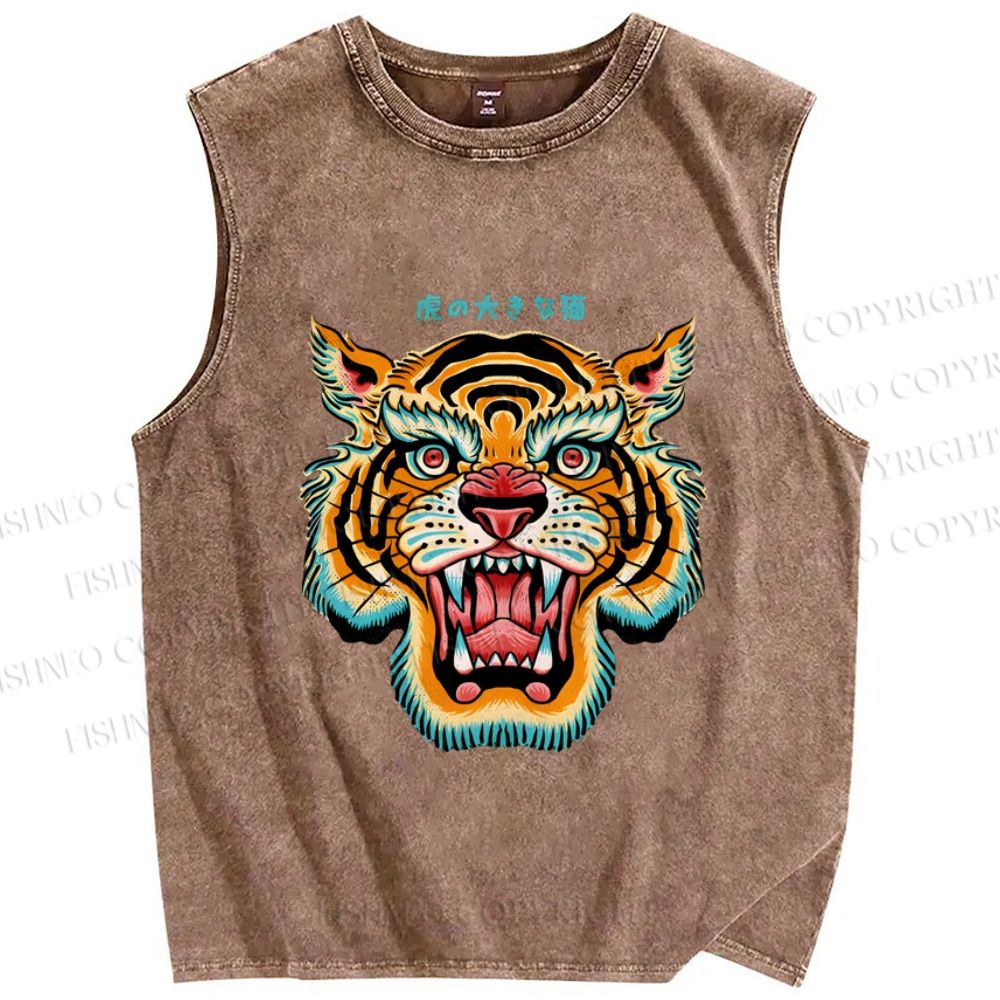 Unisex Tiger Printed Washed Tank Top