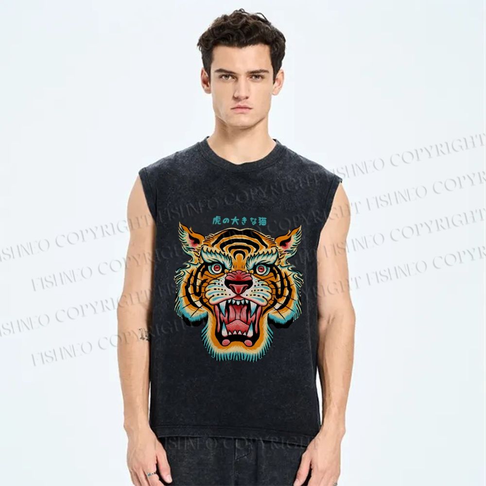 Unisex Tiger Printed Washed Tank Top