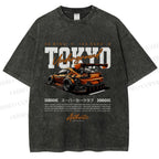 Unisex Tokyo Racing Car Printed Washed Tee