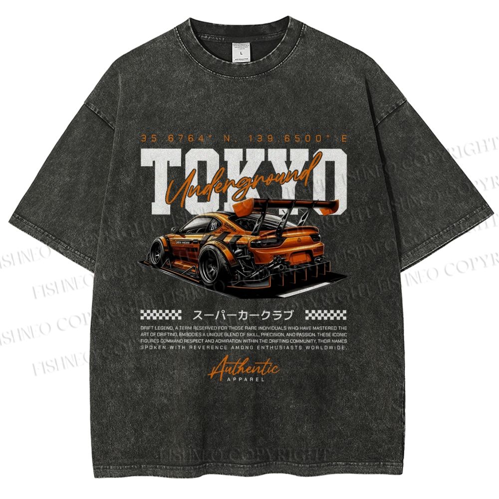 Unisex Tokyo Racing Car Printed Washed Tee